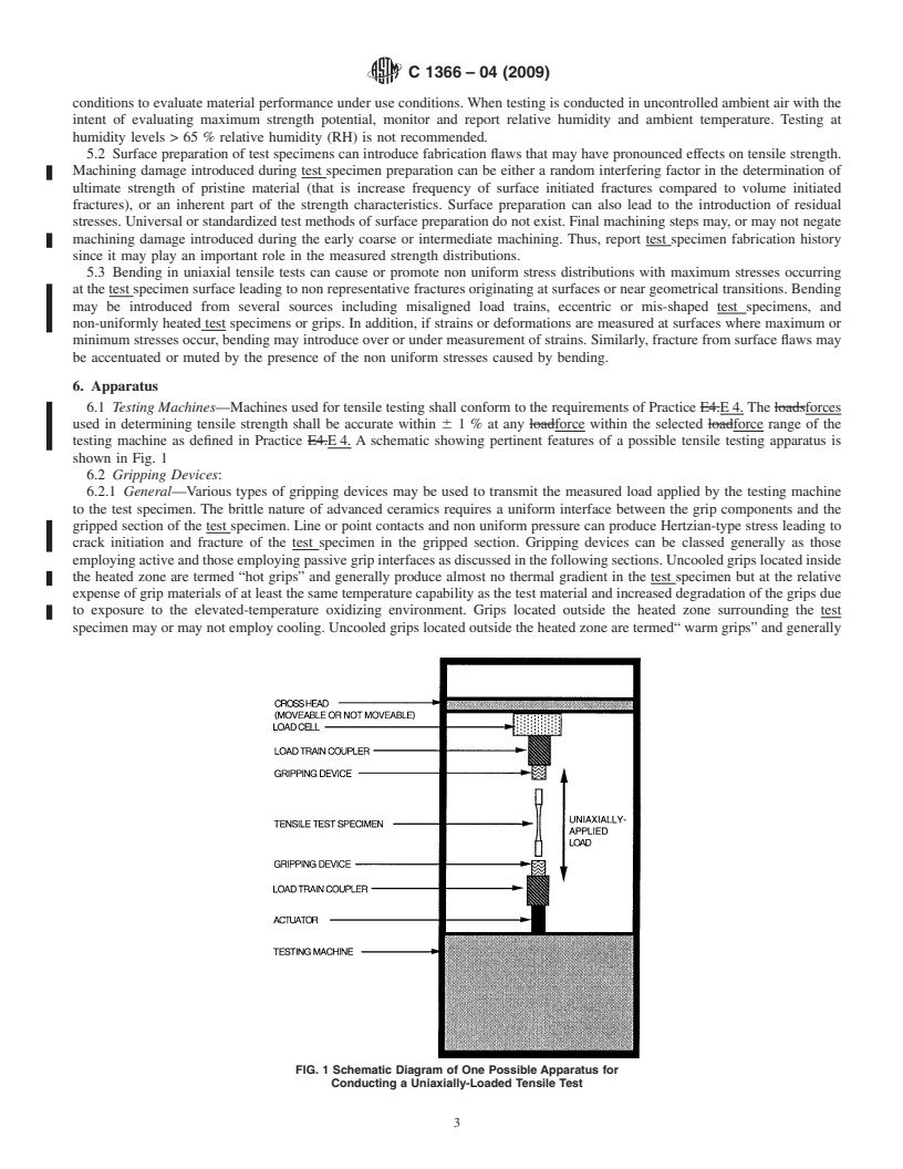 REDLINE ASTM C1366-04(2009) - Standard Test Method for Tensile Strength of Monolithic Advanced Ceramics at Elevated Temperatures