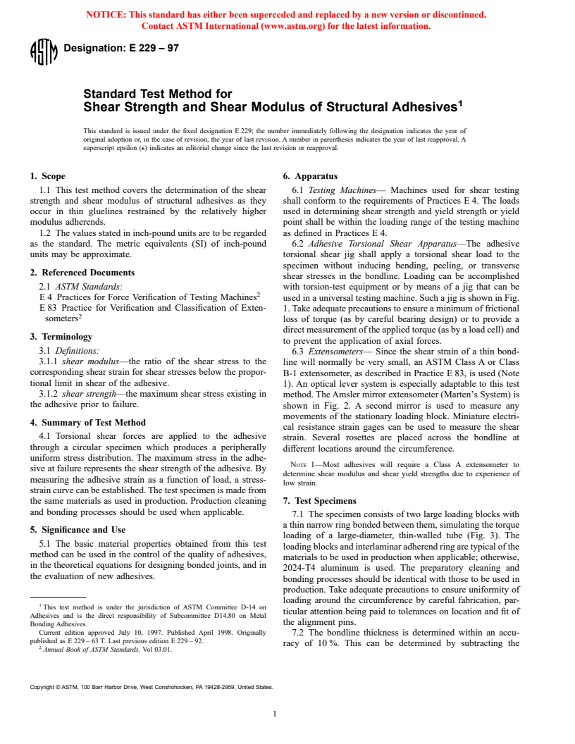 ASTM E229-97 - Standard Test Method for Shear Strength and Shear Modulus of Structural Adhesives (Withdrawn 2003)