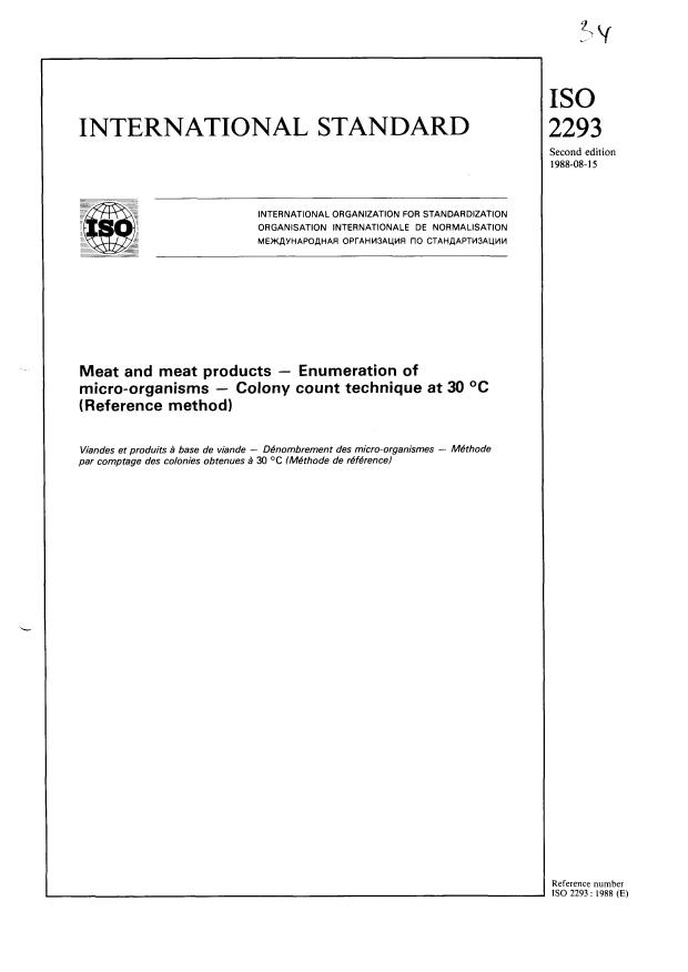 ISO 2293:1988 - Meat and meat products -- Enumeration of micro-organisms -- Colony count technique at 30 degrees C (Reference method)