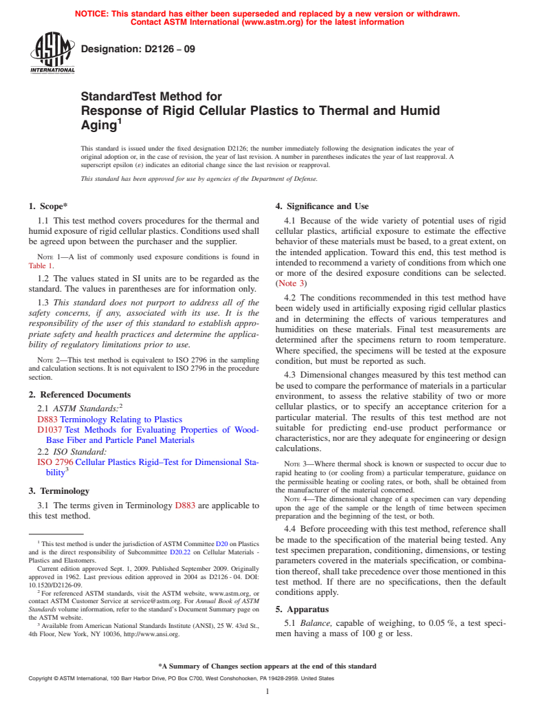 ASTM D2126-09 - Standard Test Method for Response of Rigid Cellular Plastics to Thermal and Humid Aging