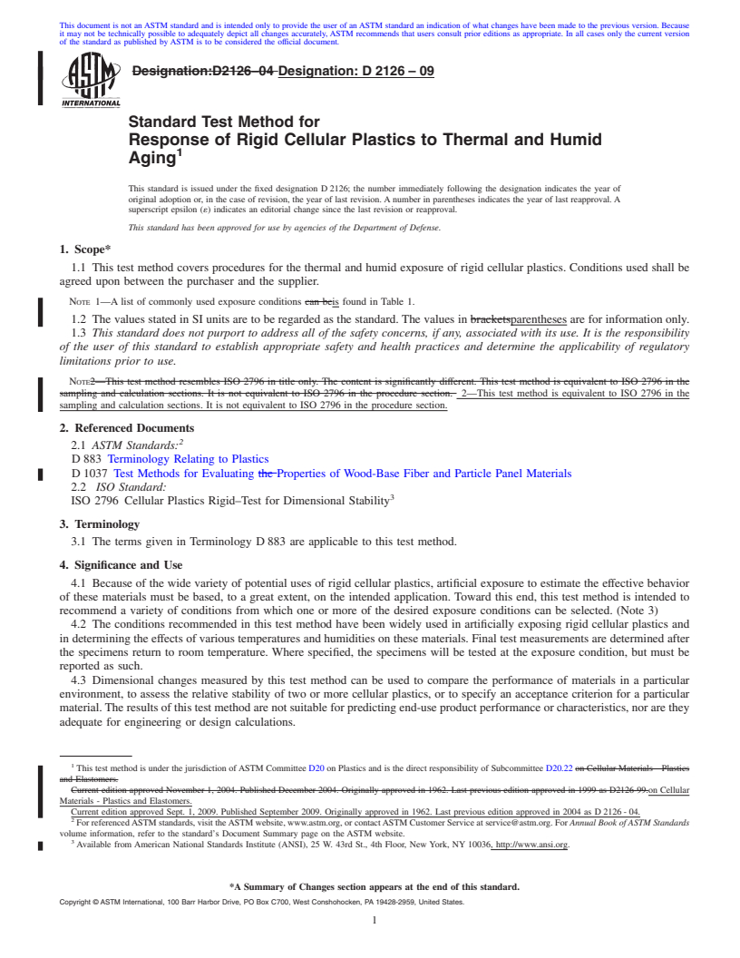 REDLINE ASTM D2126-09 - Standard Test Method for Response of Rigid Cellular Plastics to Thermal and Humid Aging