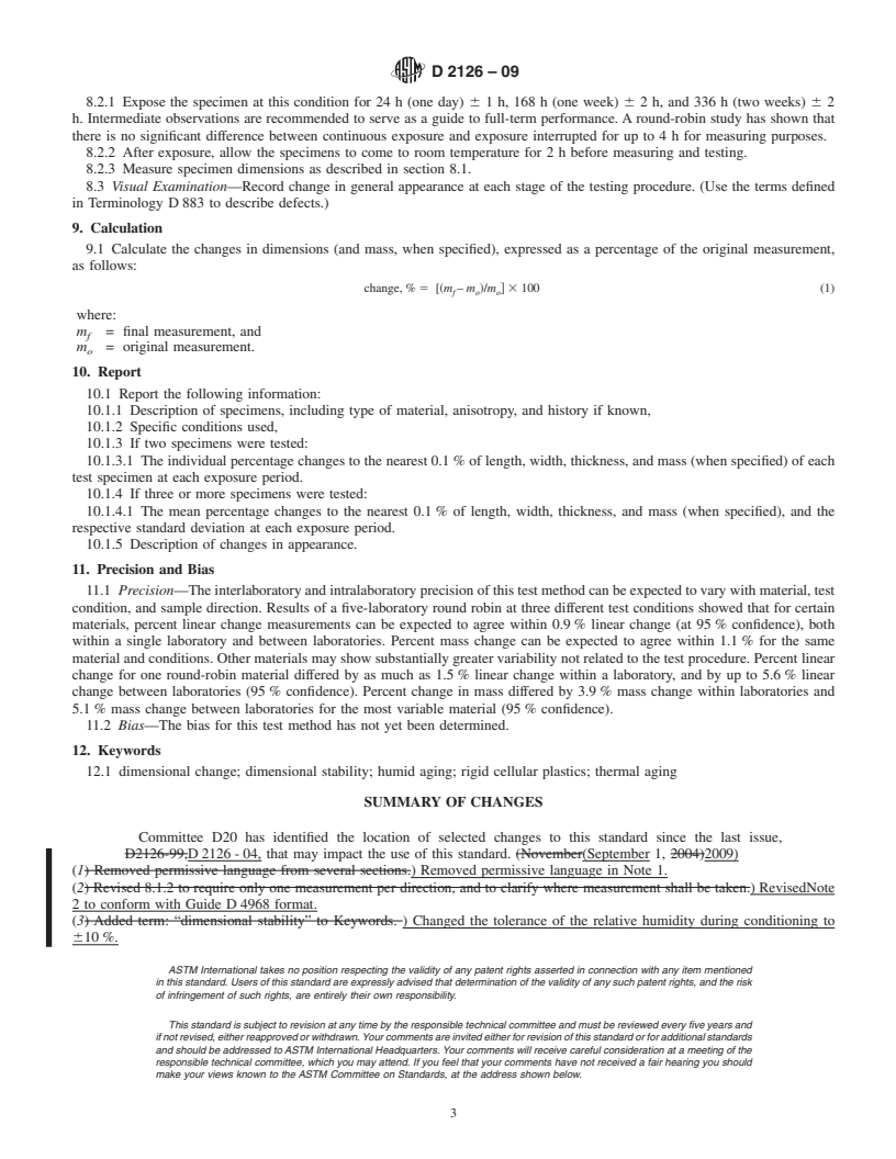 REDLINE ASTM D2126-09 - Standard Test Method for Response of Rigid Cellular Plastics to Thermal and Humid Aging