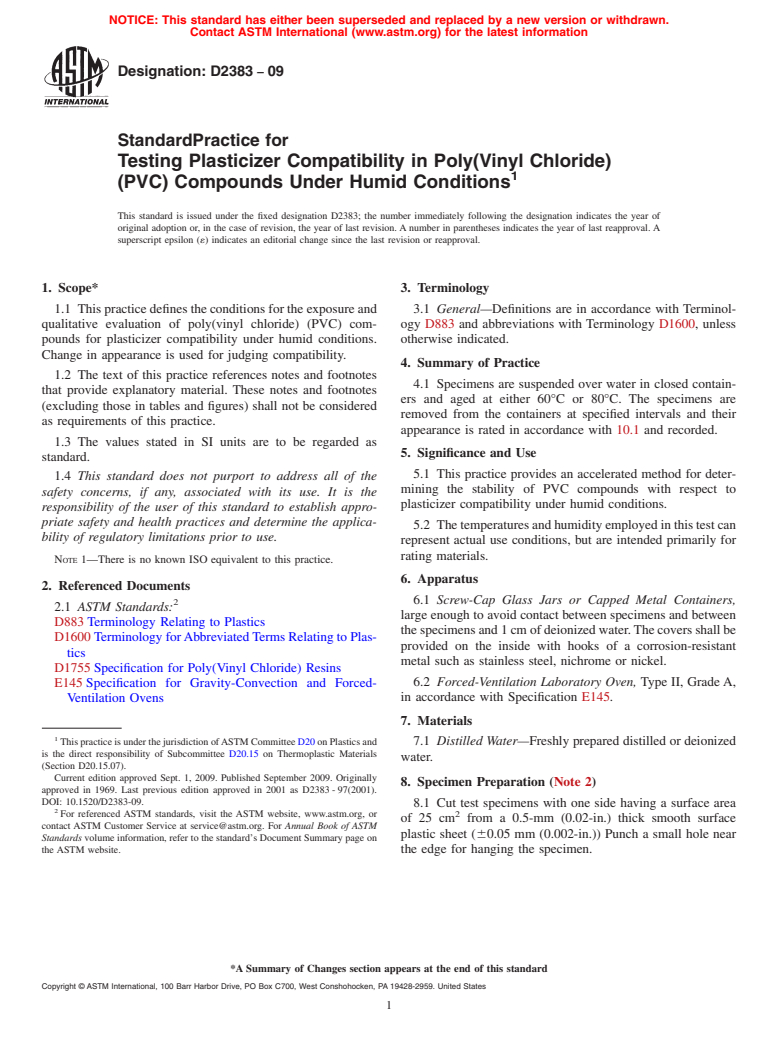 ASTM D2383-09 - Standard Practice for Testing Plasticizer Compatibility in Poly(Vinyl Chloride) (PVC) Compounds Under Humid Conditions