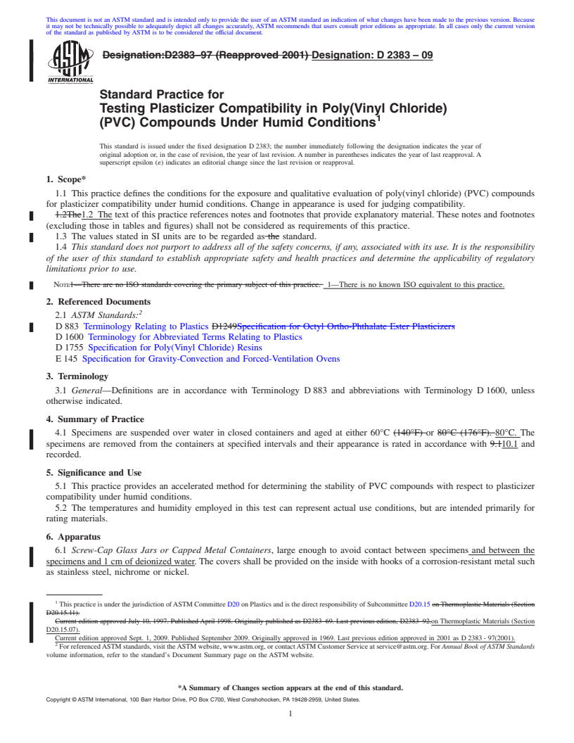 REDLINE ASTM D2383-09 - Standard Practice for Testing Plasticizer Compatibility in Poly(Vinyl Chloride) (PVC) Compounds Under Humid Conditions