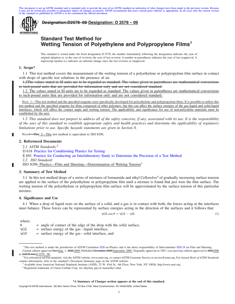 REDLINE ASTM D2578-09 - Standard Test Method for Wetting Tension of Polyethylene and Polypropylene Films