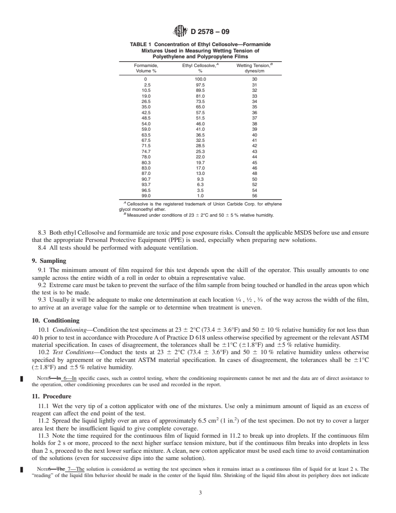 REDLINE ASTM D2578-09 - Standard Test Method for Wetting Tension of Polyethylene and Polypropylene Films