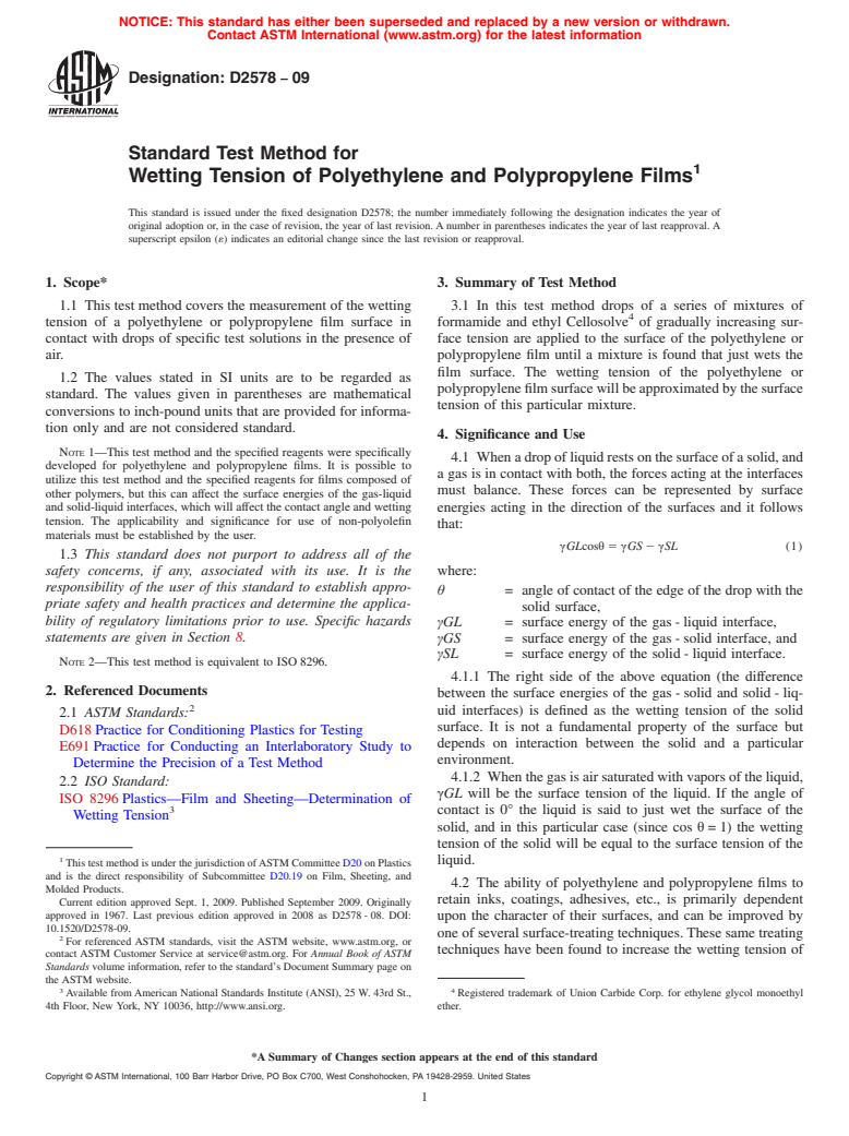 ASTM D2578-09 - Standard Test Method for Wetting Tension of Polyethylene and Polypropylene Films