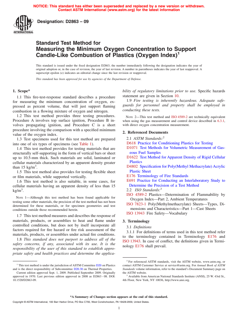 ASTM D2863-09 - Standard Test Method for  Measuring the Minimum Oxygen Concentration to Support Candle-Like Combustion of Plastics (Oxygen Index)
