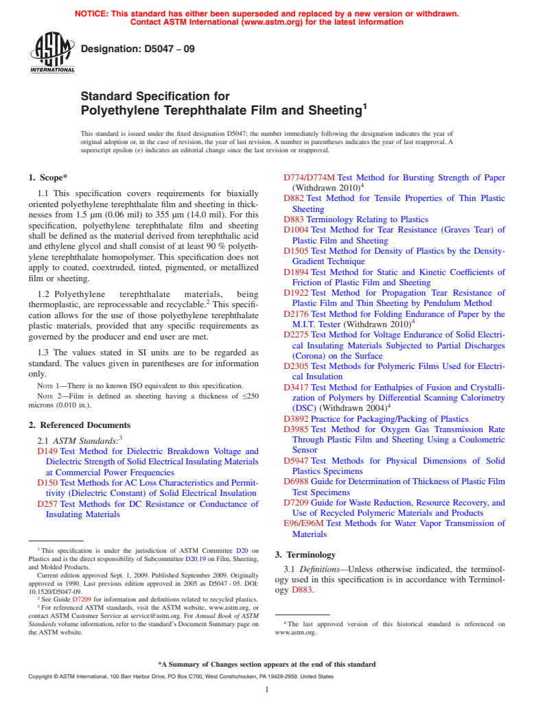 ASTM D5047-09 - Standard Specification for Polyethylene Terephthalate Film and Sheeting