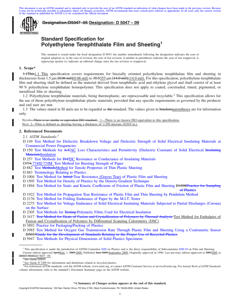 REDLINE ASTM D5047-09 - Standard Specification for Polyethylene Terephthalate Film and Sheeting