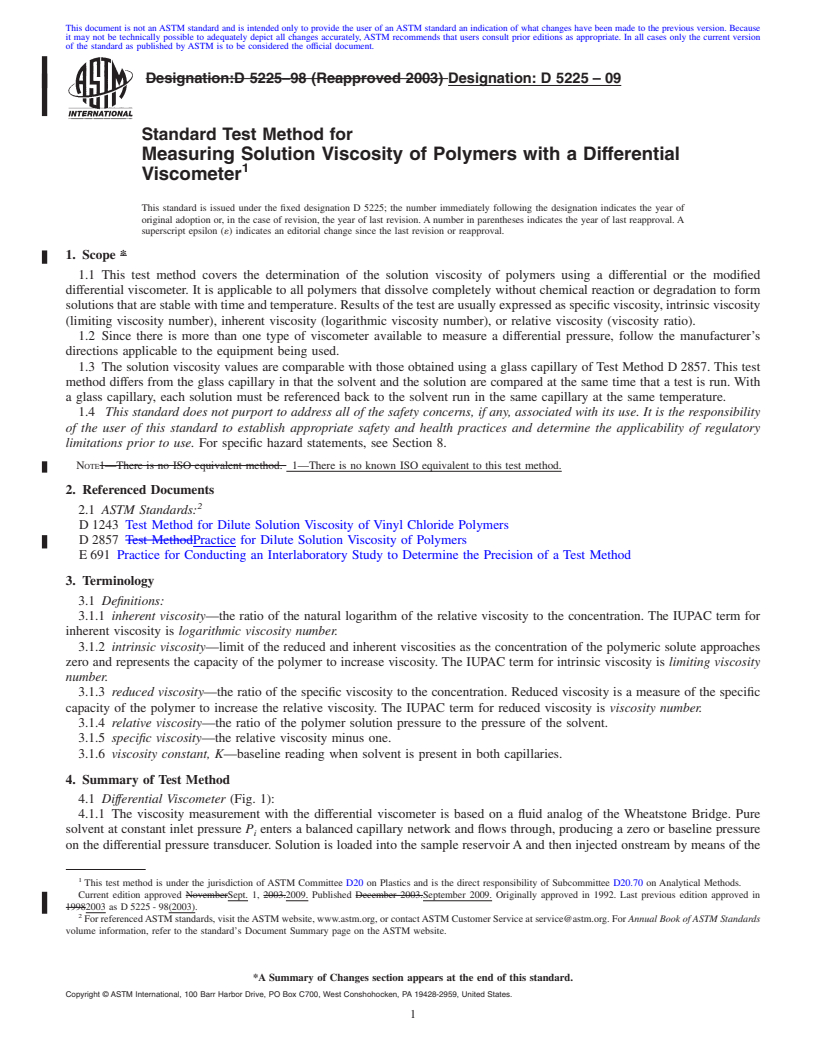 REDLINE ASTM D5225-09 - Standard Test Method for Measuring Solution Viscosity of Polymers with a Differential Viscometer