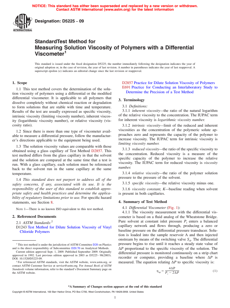 ASTM D5225-09 - Standard Test Method for Measuring Solution Viscosity of Polymers with a Differential Viscometer