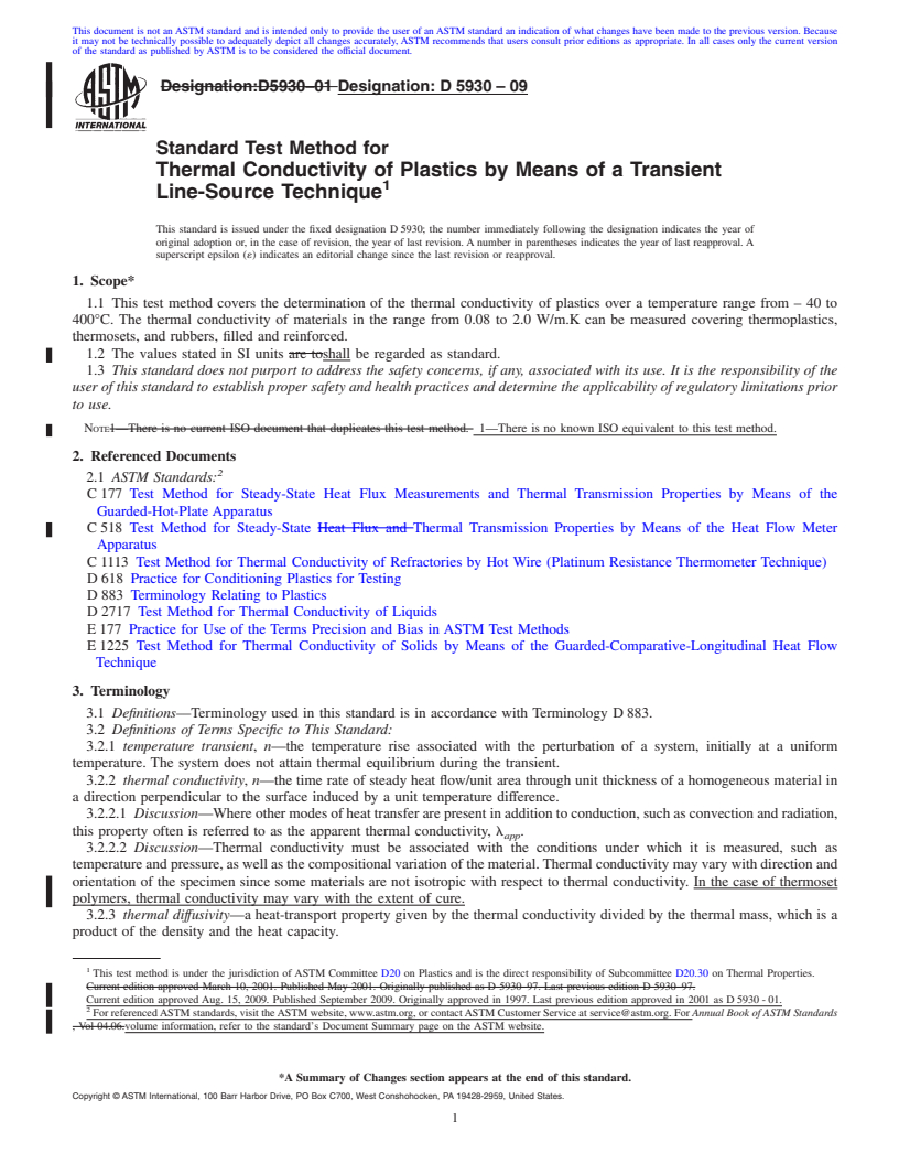 REDLINE ASTM D5930-09 - Standard Test Method for Thermal Conductivity of Plastics by Means of a Transient Line-Source Technique