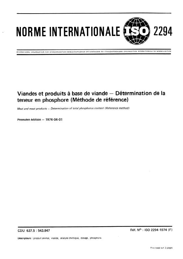 ISO 2294:1974 - Viandes et produits a base de viande -- Détermination de la teneur en phosphore (Méthode de référence)