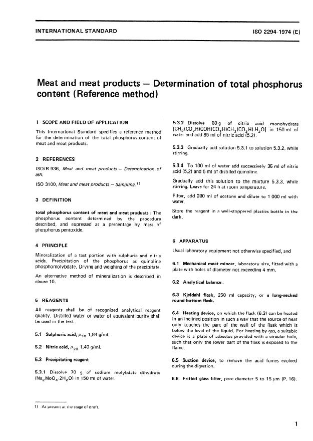 ISO 2294:1974 - Meat and meat products -- Determination of total phosphorus content (Reference method)