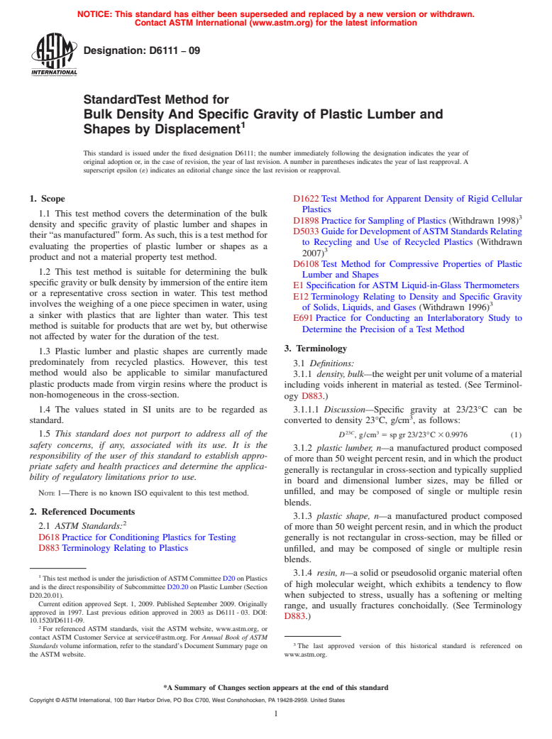 ASTM D6111-09 - Standard Test Method for Bulk Density and Specific Gravity of Plastic Lumber and Shapes by Displacement