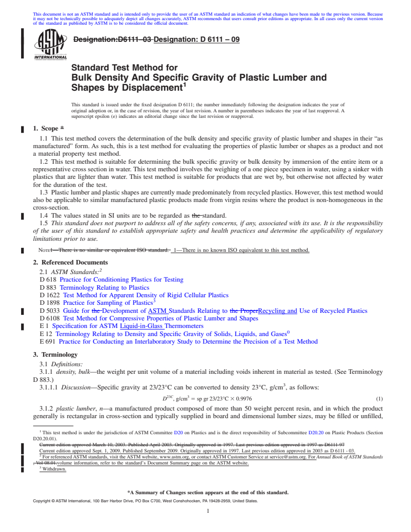 REDLINE ASTM D6111-09 - Standard Test Method for Bulk Density and Specific Gravity of Plastic Lumber and Shapes by Displacement