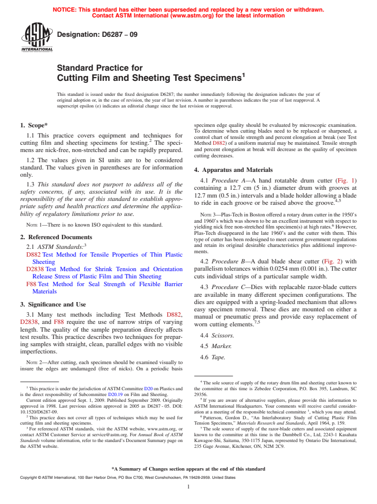 ASTM D6287-09 - Standard Practice for Cutting Film and Sheeting Test ...