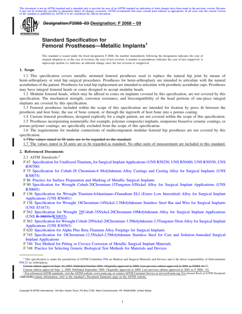 REDLINE ASTM F2068-09 - Standard Specification for Femoral Prostheses&#8212;Metallic Implants