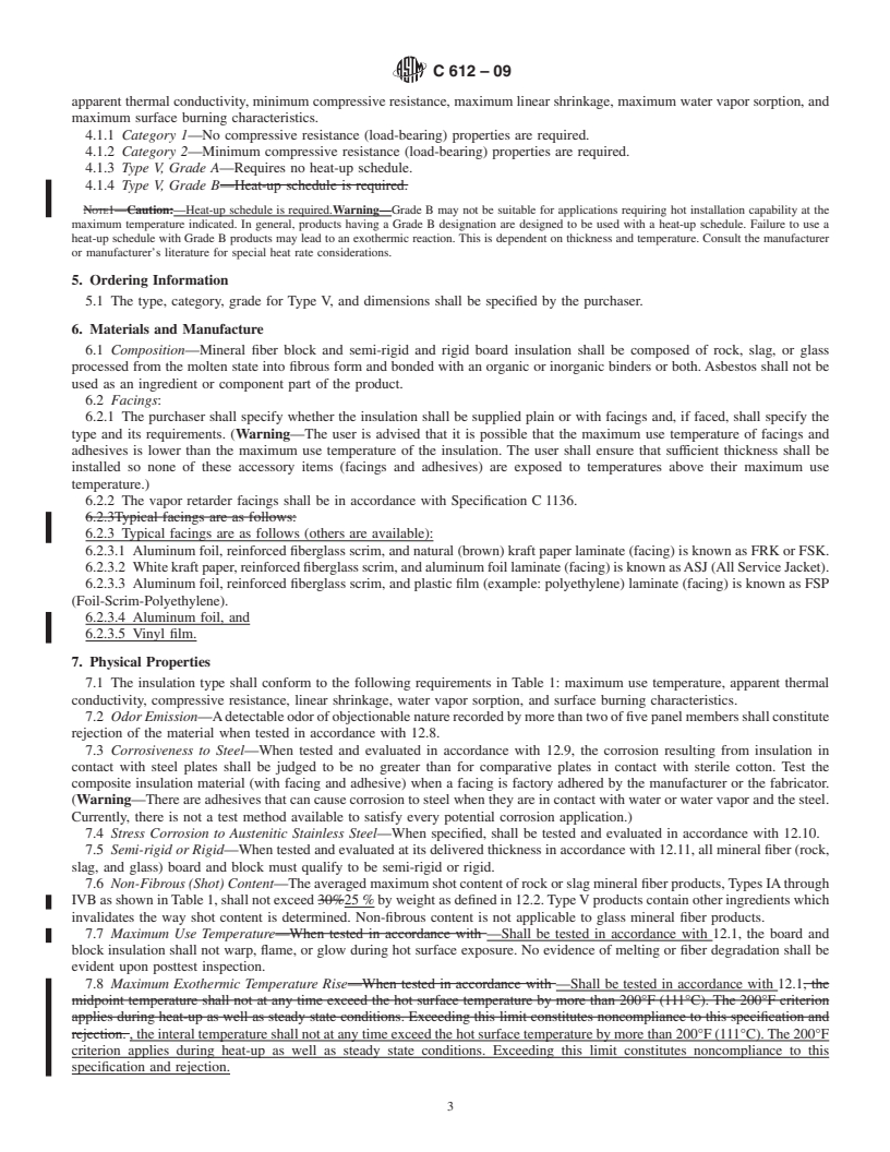 REDLINE ASTM C612-09 - Standard Specification for Mineral Fiber Block and Board Thermal Insulation