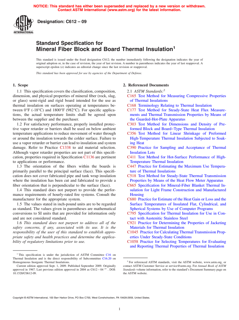 ASTM C612-09 - Standard Specification for Mineral Fiber Block and Board Thermal Insulation