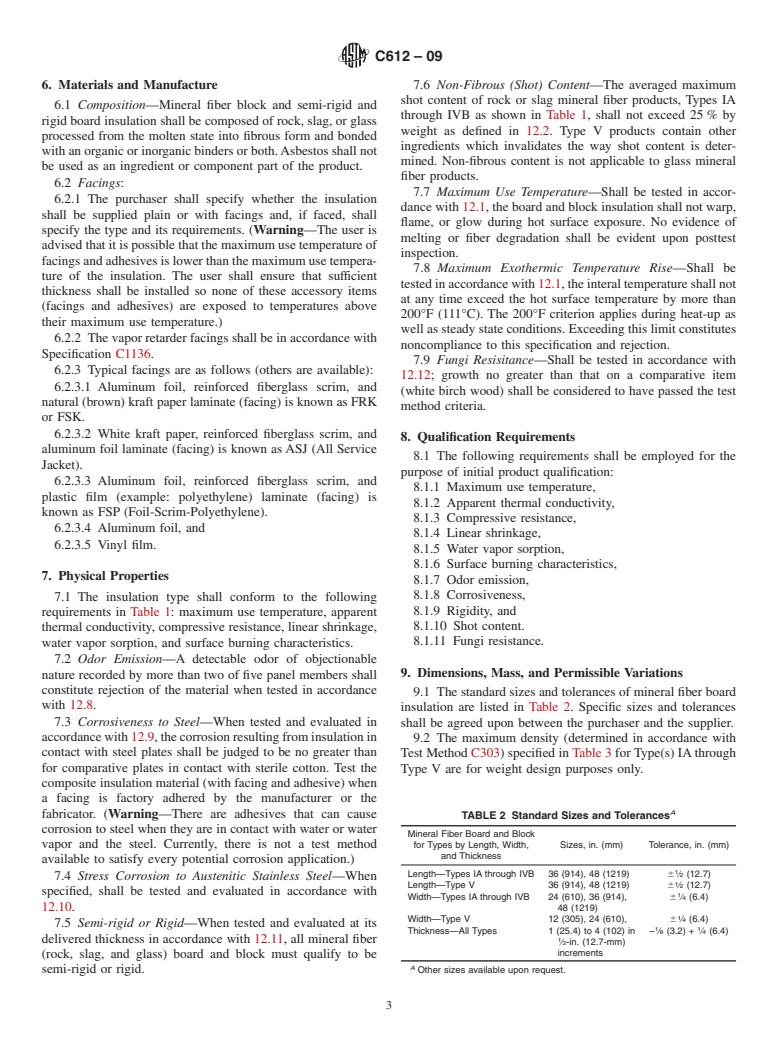 ASTM C612-09 - Standard Specification for Mineral Fiber Block and Board Thermal Insulation