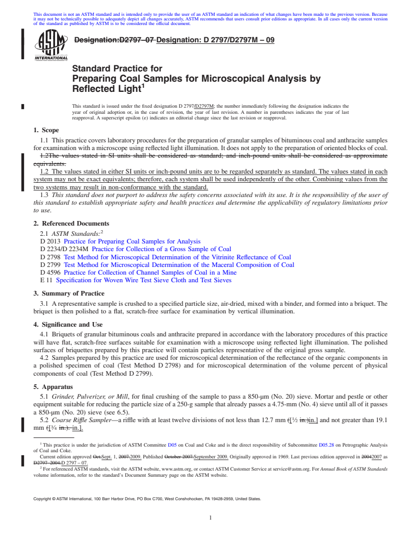 REDLINE ASTM D2797/D2797M-09 - Standard Practice for Preparing Coal Samples for Microscopical Analysis by Reflected Light