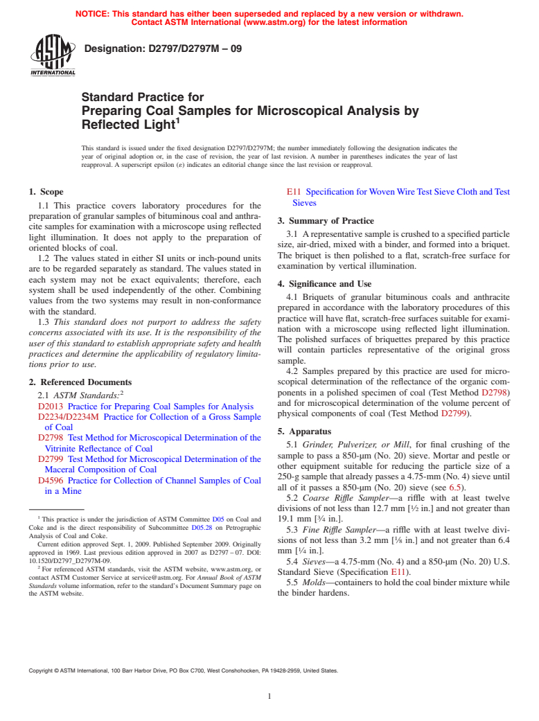 ASTM D2797/D2797M-09 - Standard Practice for Preparing Coal Samples for Microscopical Analysis by Reflected Light