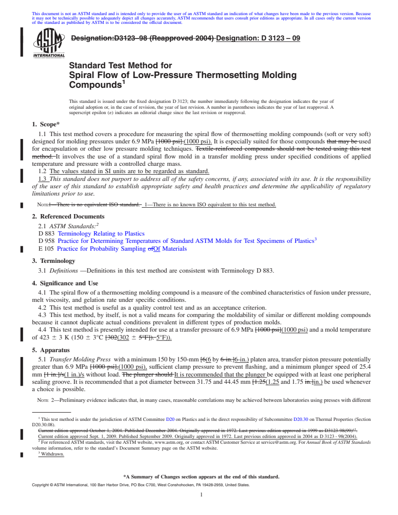 REDLINE ASTM D3123-09 - Standard Test Method for Spiral Flow of Low-Pressure Thermosetting Molding Compounds