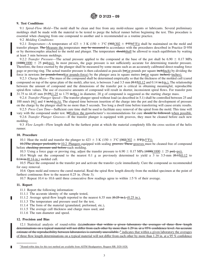 REDLINE ASTM D3123-09 - Standard Test Method for Spiral Flow of Low-Pressure Thermosetting Molding Compounds