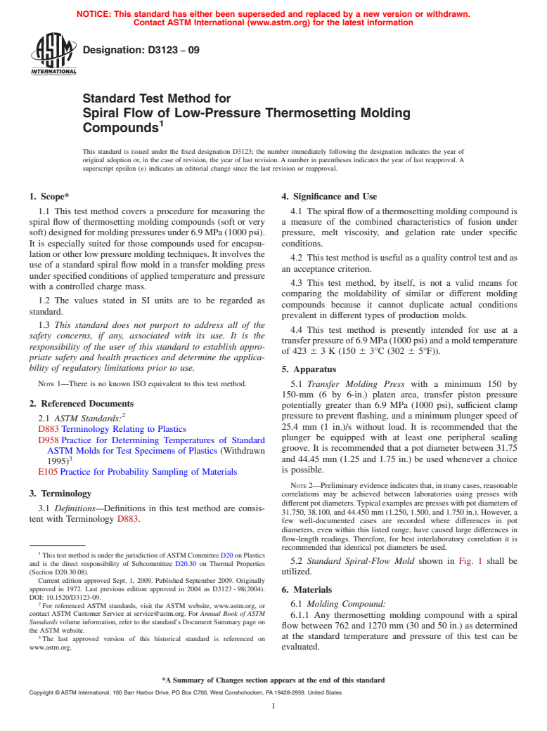 ASTM D3123-09 - Standard Test Method for Spiral Flow of Low-Pressure Thermosetting Molding Compounds