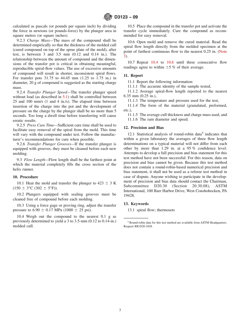 ASTM D3123-09 - Standard Test Method for Spiral Flow of Low-Pressure Thermosetting Molding Compounds