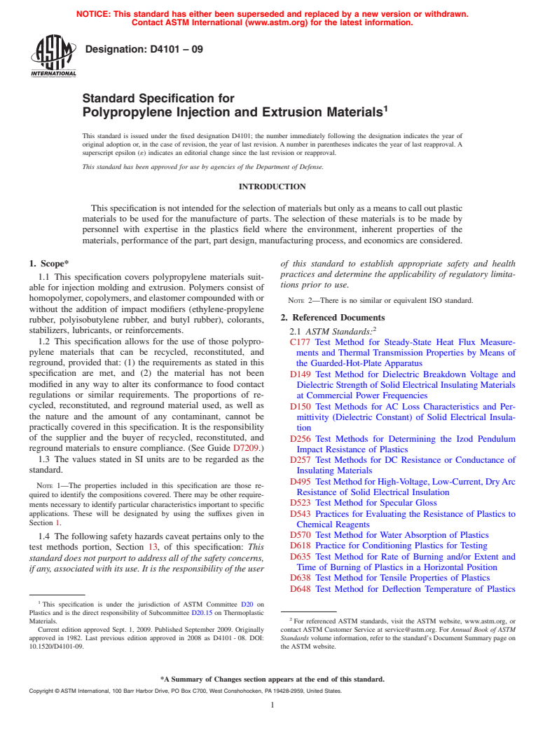 ASTM D4101-09 - Standard Specification for Polypropylene Injection and Extrusion Materials