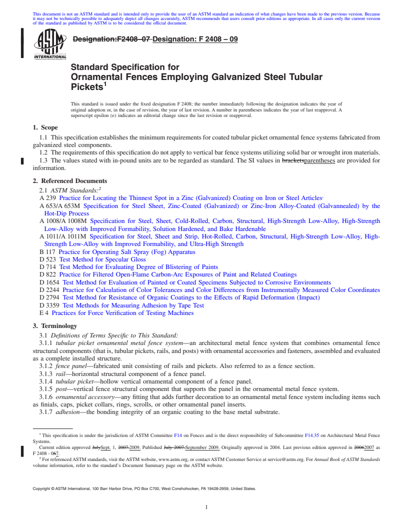 REDLINE ASTM F2408-09 - Standard Specification for Ornamental Fences Employing Galvanized Steel Tubular Pickets