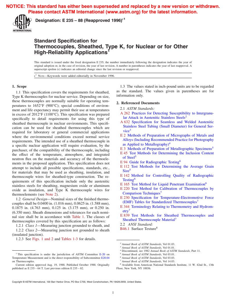 ASTM E235-88(1996)e1 - Standard Specification for Thermocouples, Sheathed, Type K, for Nuclear or for Other High-Reliability Applications