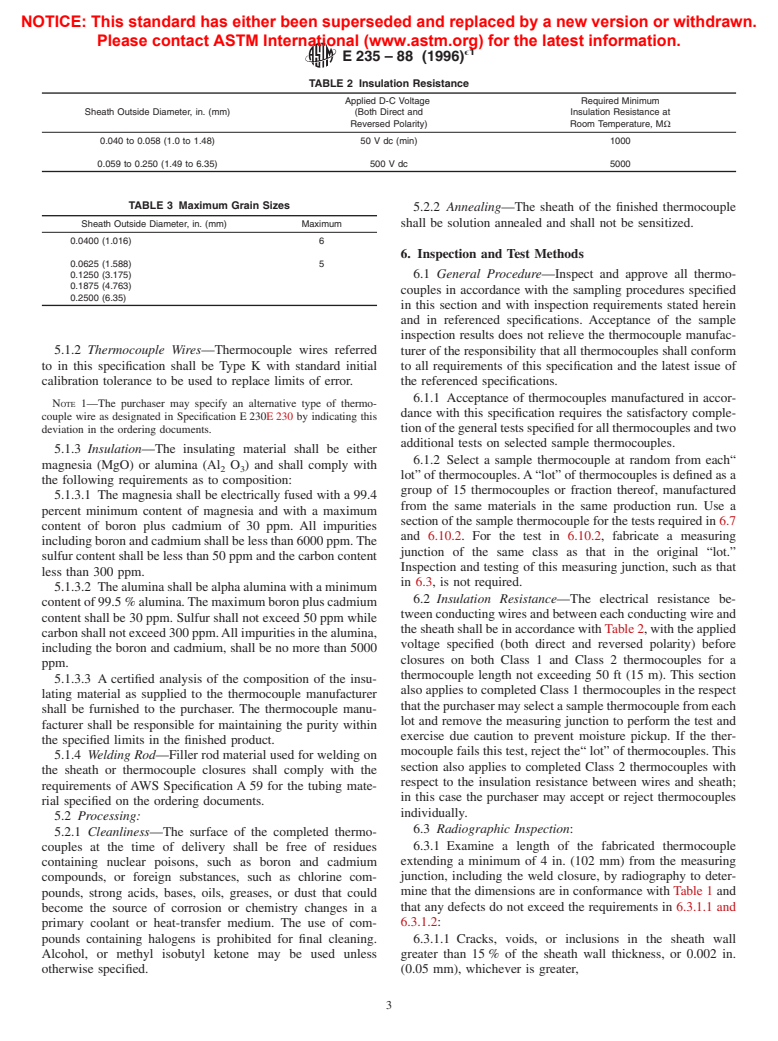 ASTM E235-88(1996)e1 - Standard Specification for Thermocouples, Sheathed, Type K, for Nuclear or for Other High-Reliability Applications