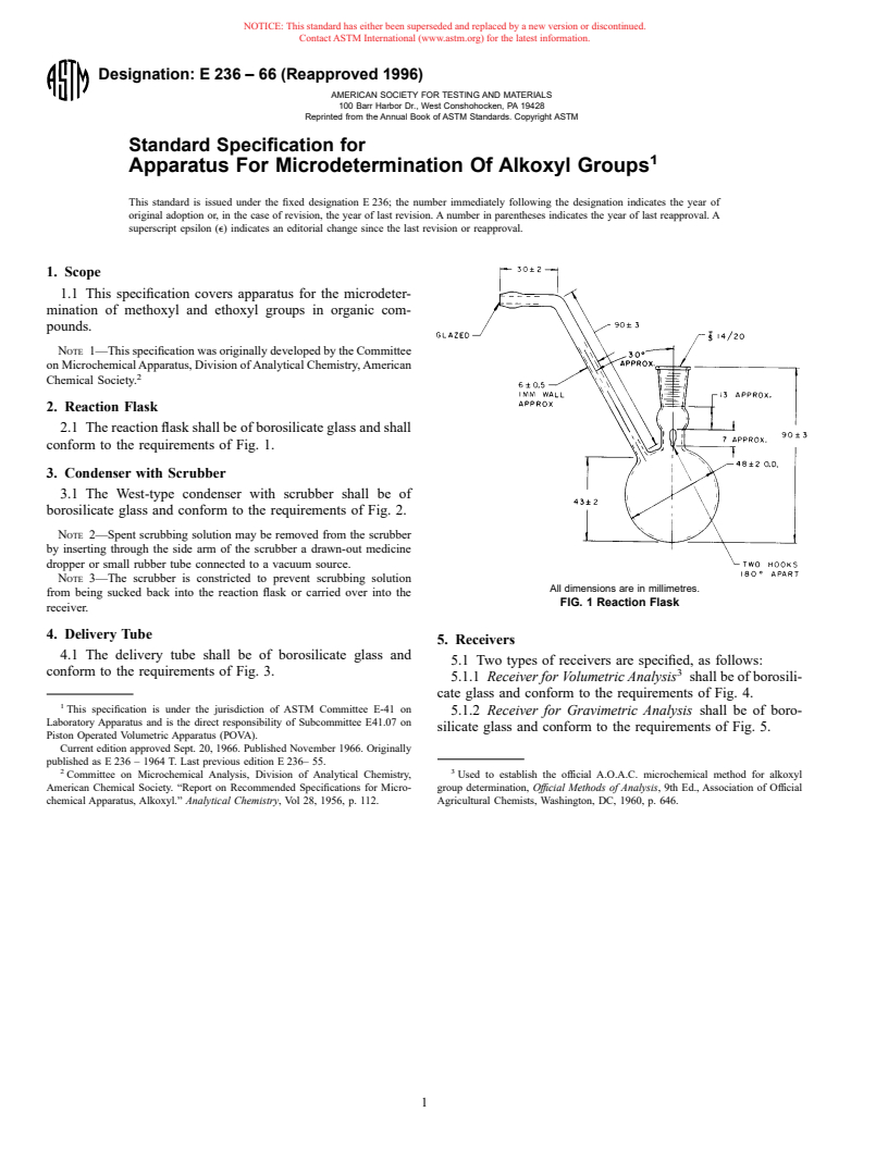 ASTM E236-66(1996) - Standard Specification for Apparatus For Microdetermination Of Alkoxyl Groups