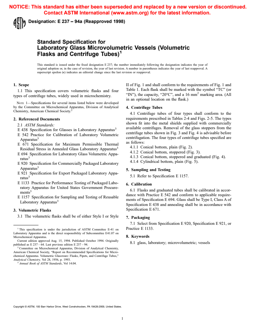 ASTM E237-94a(1998) - Standard Specification for Laboratory Glass Microvolumetric Vessels (Volumetric Flasks and Centrifuge Tubes)