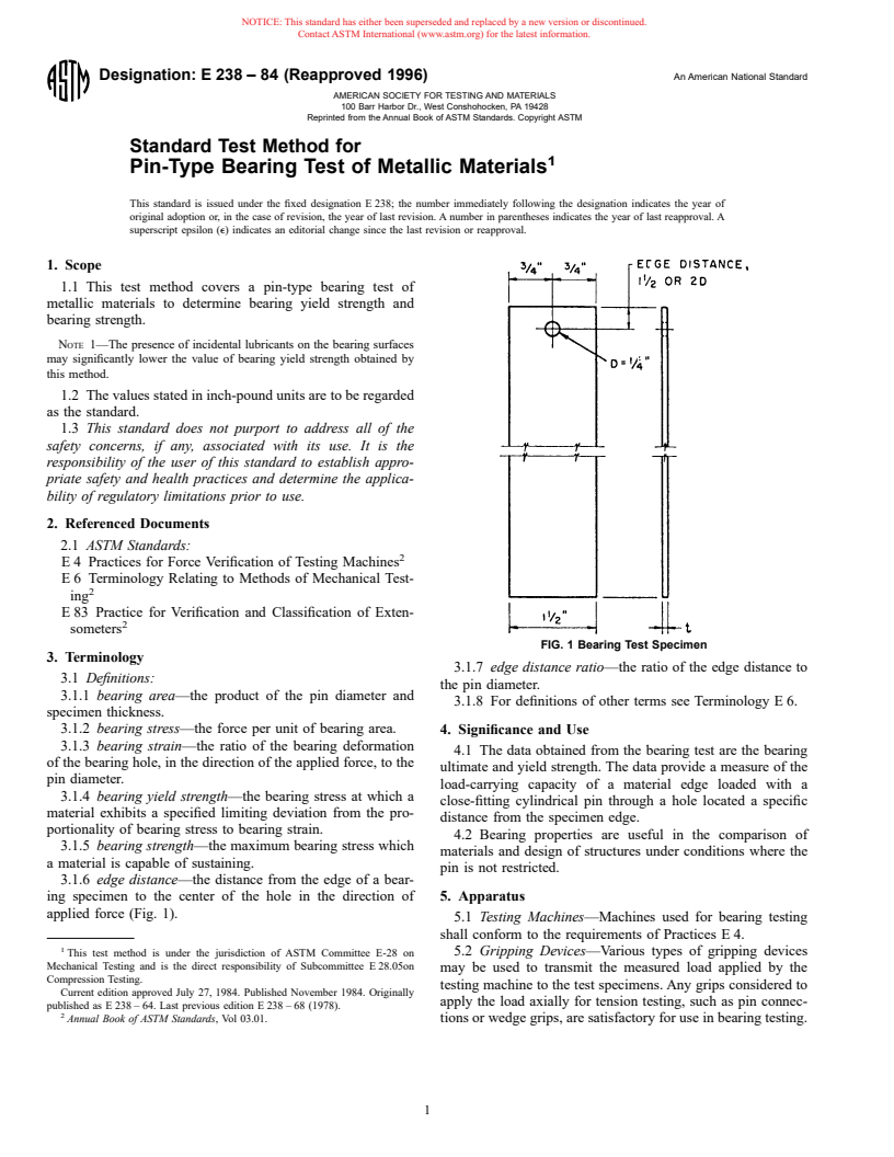 ASTM E238-84(1996) - Standard Test Method for Pin-Type Bearing Test of Metallic Materials