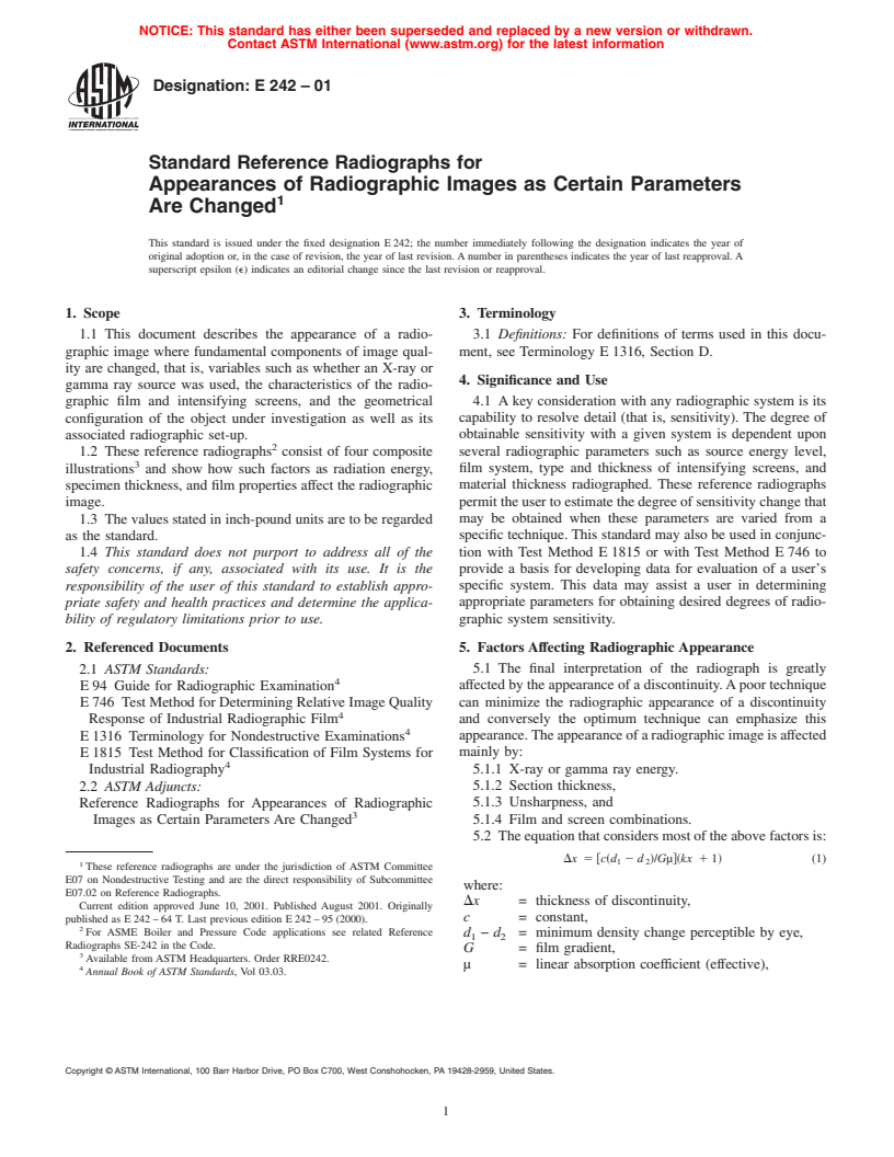 ASTM E242-01 - Standard Reference Radiographs for Appearances of Radiographic Images as Certain Parameters Are Changed