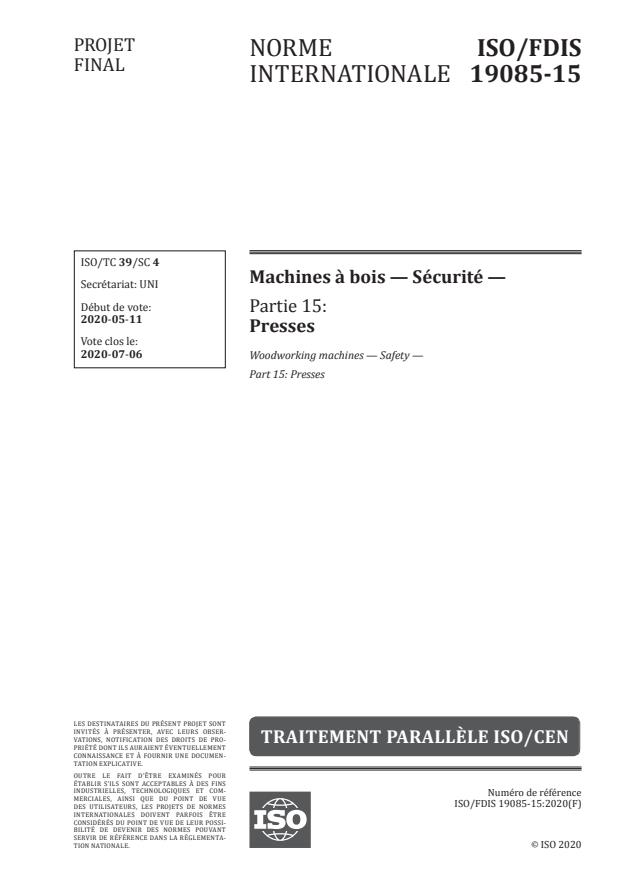 ISO/FDIS 19085-15.3:Version 03-jul-2021 - Machines a bois -- Sécurité