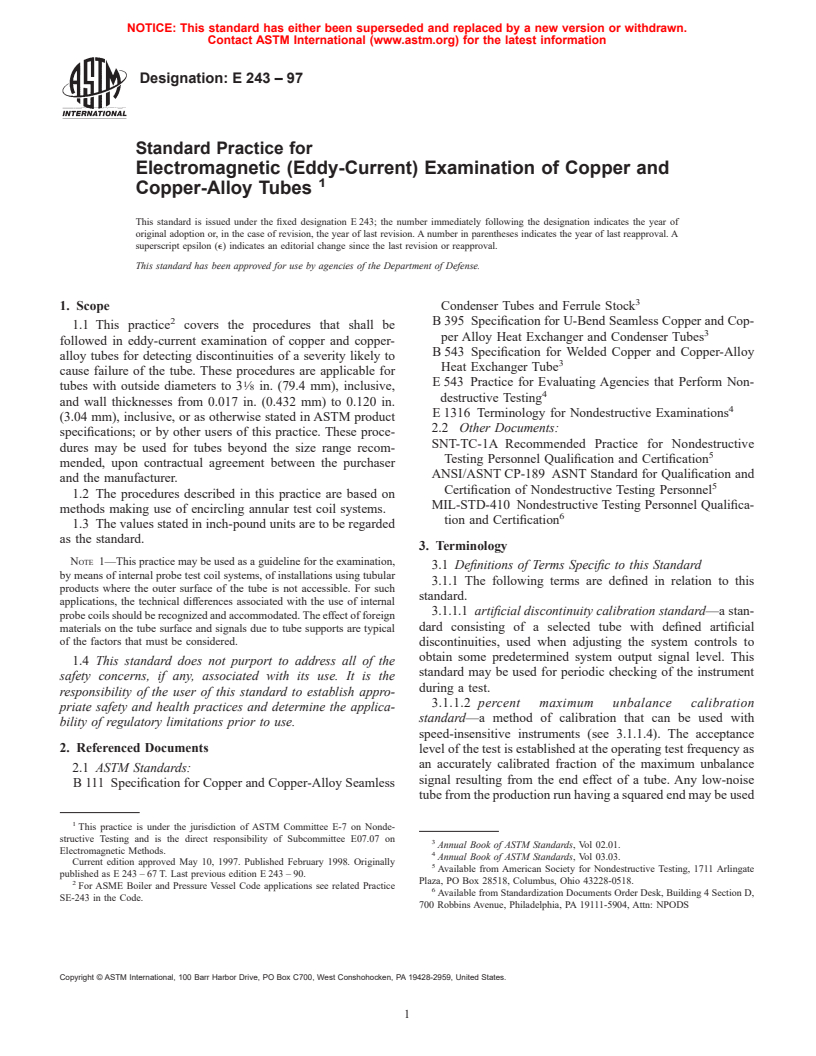 ASTM E243-97 - Standard Practice for Electromagnetic (Eddy-Current) Examination of Copper and Copper-Alloy Tubes