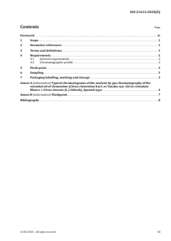 ISO 21631:2020 ISO 21631:2020 - Essential oil of clementine (Citrus clementina hort. ex Tanaka syn. Citrus reticulata Blanco x Citrus sinensis (L.) Osbeck), Spanish type
Released:2/13/2020 - Page 3 preview