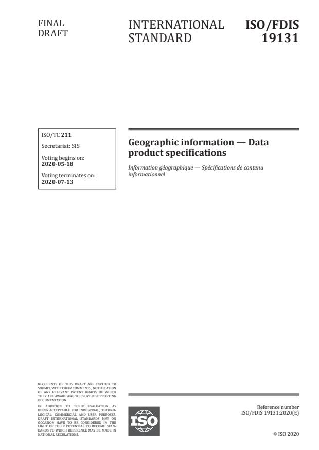 ISO/FDIS 19131 - Geographic information -- Data product specifications