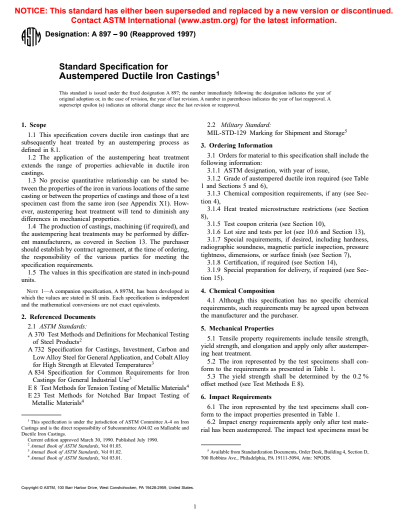 ASTM A897-90(1997) - Standard Specification for Austempered Ductile Iron Castings (Withdrawn)