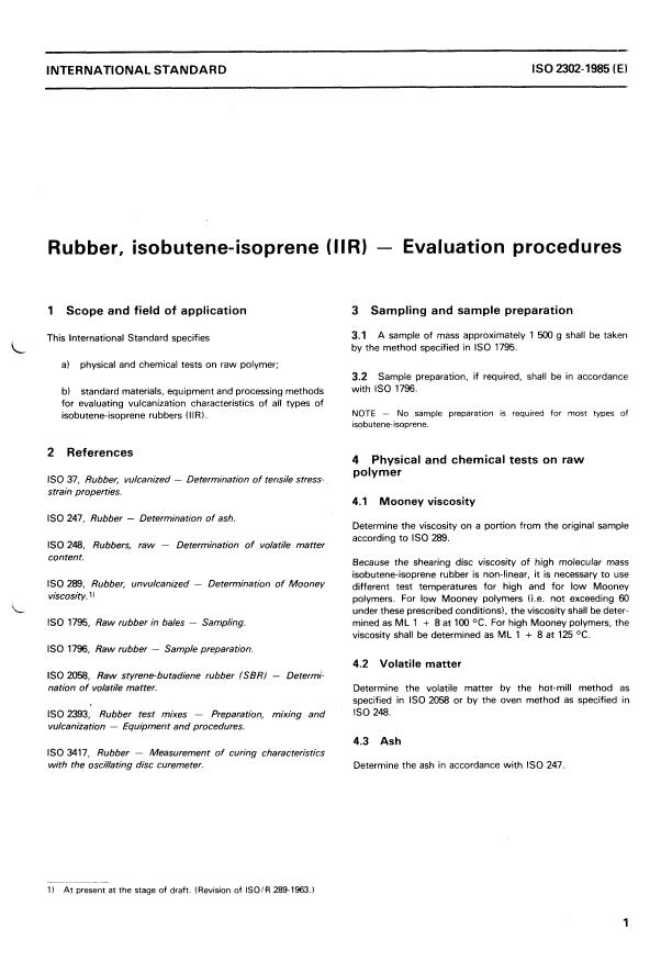 ISO 2302:1985 - Rubber, isobutene-isoprene (IIR) -- Evaluation procedures
