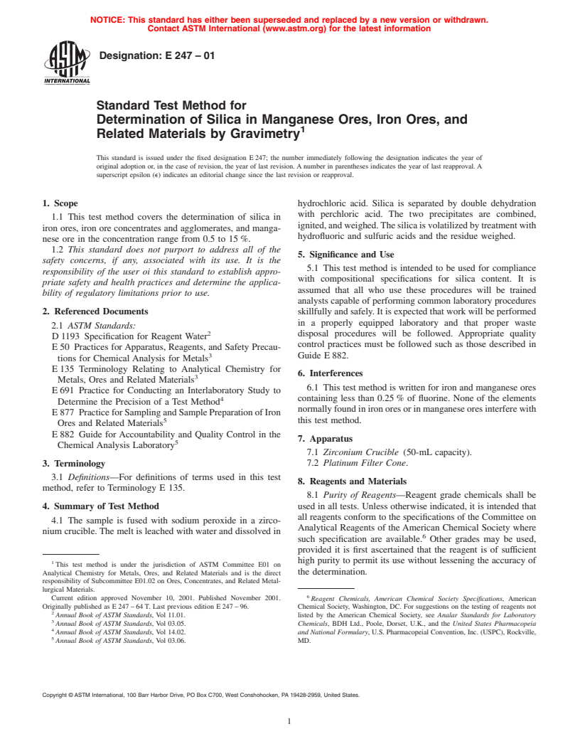 ASTM E247-01 - Standard Test Method for Determination of Silica in Manganese Ores, Iron Ores, and Related Materials by Gravimetry