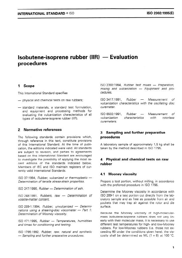 ISO 2302:1995 - Isobutene-isoprene rubber (IIR) -- Evaluation procedures