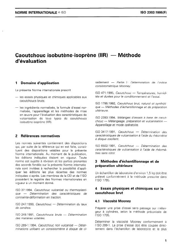 ISO 2302:1995 - Caoutchouc isobutene-isoprene (IIR) -- Méthode d'évaluation