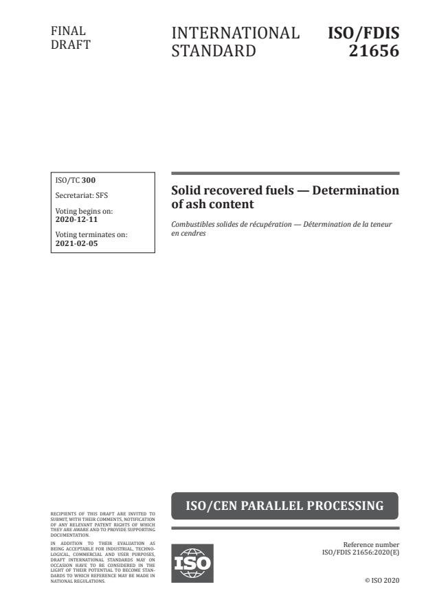 ISO/FDIS 21656:Version 05-dec-2020 - Solid recovered fuels -- Determination of ash content